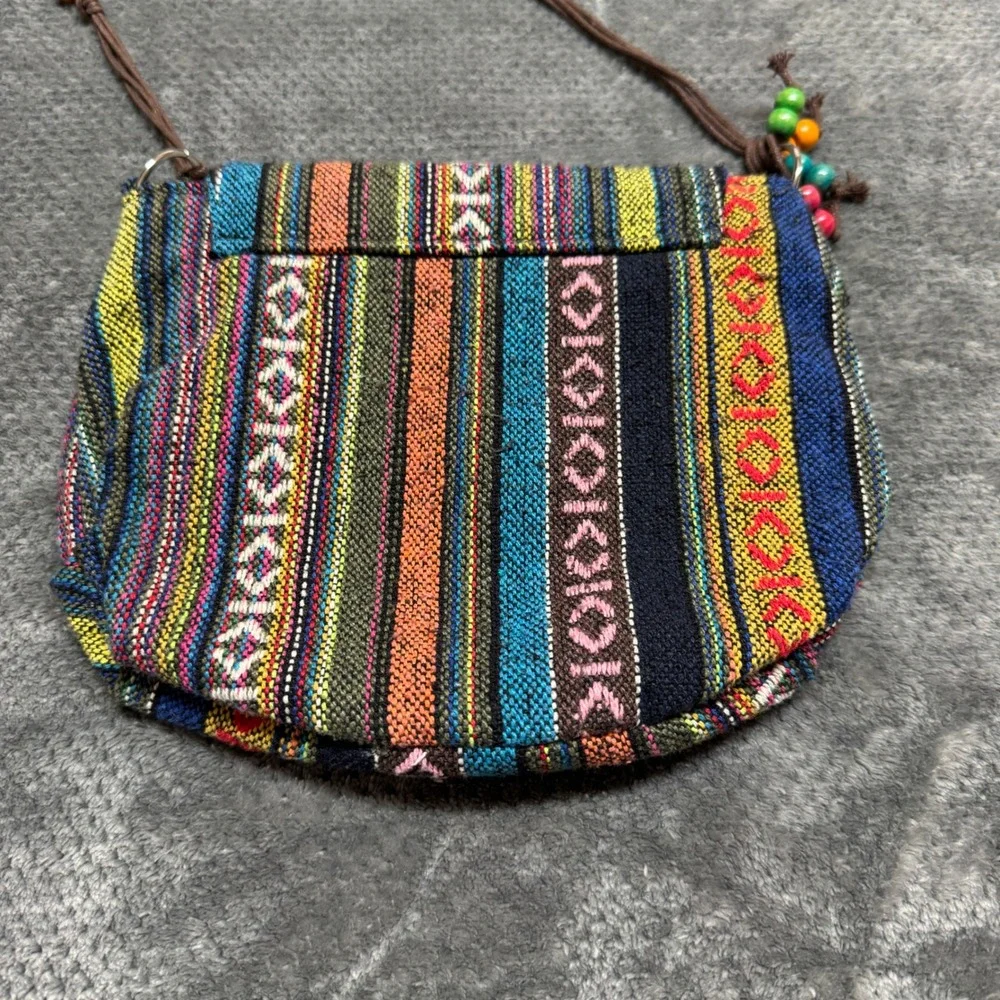 Aztec Boho Woven Striped Crossbody Bag Multi-Color Beaded Strap Festival Purse
